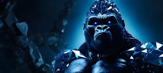 The black background contrasts sharply with the bright blue diamonds light emitted by big kingkong,generative AI