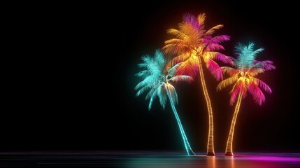 Three vibrant neon lit palm trees on black background. Modern abstract tropical holiday and beach club party design.