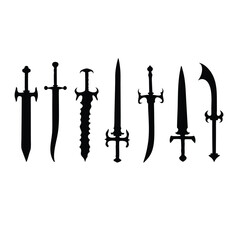 Collection of seven black sword silhouettes on white background 14