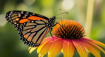 Fototapeta premium Intricate Monarch Butterfly Profile on a Radiant, Dew-Kissed Coneflower