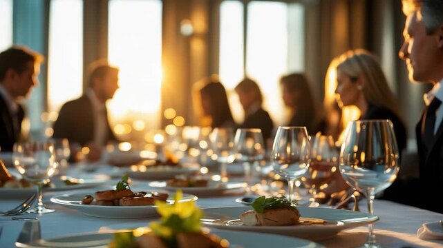 Elegant Dinner Party with Business People, Fine Dining, Wine Glasses, Sunset Views, Table Setting