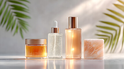 Elegant skincare products arranged on a marble surface, featuring glass containers with golden accents and natural greenery in the background, showcasing beauty and wellness. Selective focus