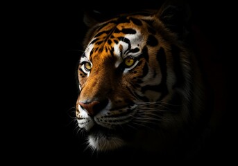 Fototapeta premium Majestic Tiger Portrait Dramatic Lighting Dark Background
