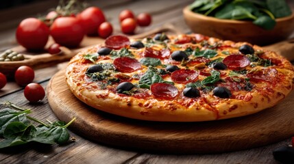 Delicious pepperoni pizza with black olive and spinach on a wooden board. Italian cuisine, traditional food.