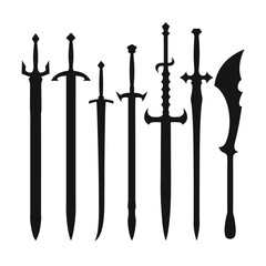 Collection of seven black sword silhouettes on white background 16