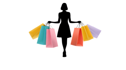 Retail Therapy Silhouette: A stylish silhouette of a woman, joyfully balancing a colorful array of shopping bags, embodies the essence of a rewarding retail experience.