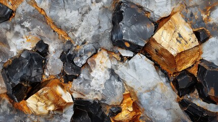 Fototapeta premium Detail abstract background of golden pyrite mineral formation with black obsidian rocks and grays for geology concept.