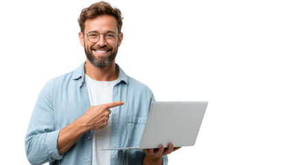 Happy Man with Laptop: A man pointing excitedly at a laptop, radiates joy and optimism, embodying the spirit of modern technology and a positive outlook. 