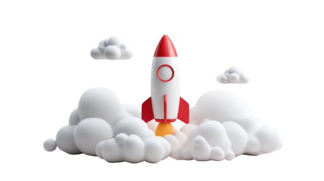 Rocket Launch Into the Sky: A sleek, red and white rocket blasts off amidst fluffy, cloud-like vapor, symbolizing innovation and progress with a touch of whimsy. 
