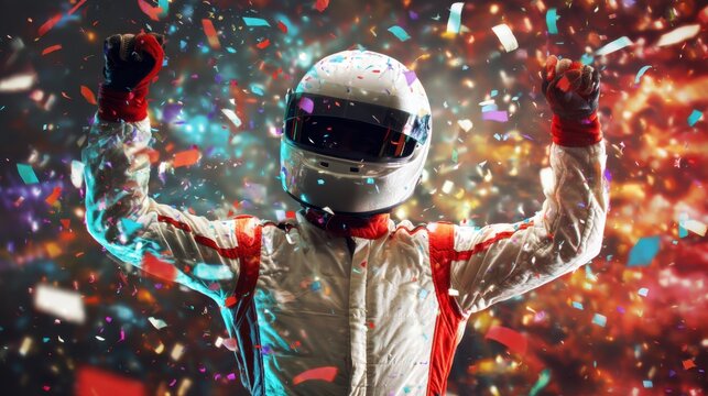 Race car driver celebrating victory with arms raised under falling confetti. Sport competition success, championship win.