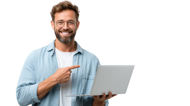 Happy Man with Laptop: A man pointing excitedly at a laptop, radiates joy and optimism, embodying the spirit of modern technology and a positive outlook. 