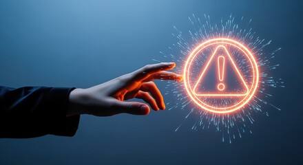 Cautionary Digital Interface: Hand Interacting with Neon Warning Icon, Signifying Alert, Error, Security Risk on Dark Background