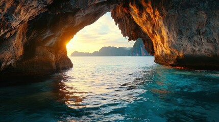 Stunning rock arch reveals serene paradise at sunset in a tranquil sea cove surrounded by cliffs