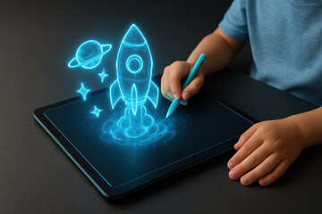Digital learning in smart classroom uses educational technology to inspire creativity as child draws glowing rocket and planet on tablet with stylus pen