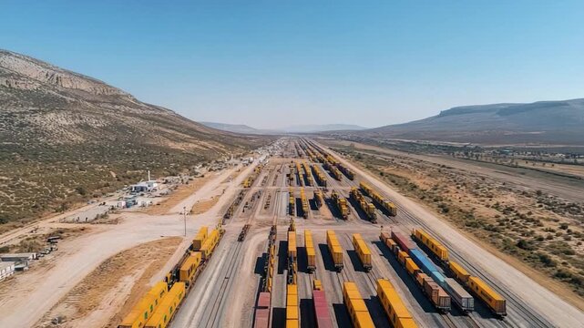 Aerial view of a large train yard with yellow cargo containers