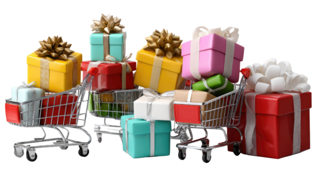 Gifts in the Trolley: An array of vibrant, gift-wrapped presents, adorning miniature shopping carts in a visually appealing composition that evokes anticipation and cheer.