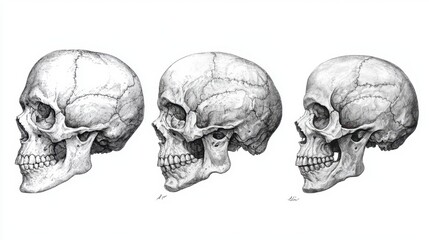 Detailed anatomical illustration of human skulls from multiple angles on a clean background highlighting bone structure and features