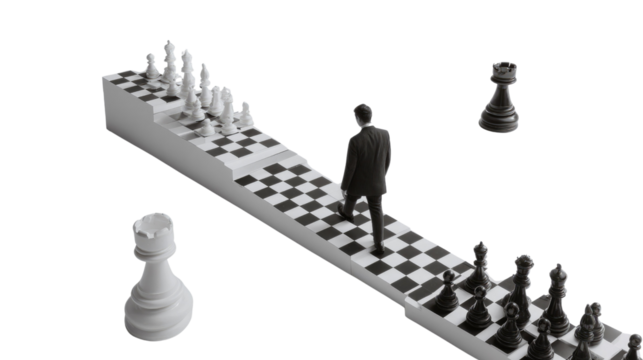 Strategic Ascent: A conceptual image featuring a miniature figure of person confidently traversing a stylized chessboard staircase, symbolizing strategic planning, competition, and ambition. - Powered by Adobe