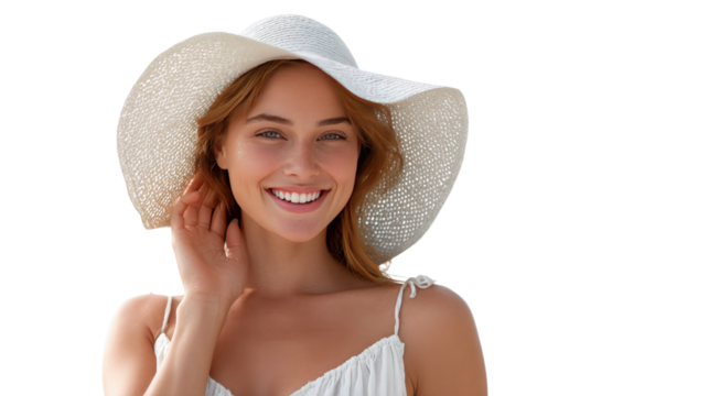 Radiant Beauty in the Sun: A portrait captures a beautiful woman, adorned with a stylish hat, radiating natural beauty and warmth with her radiant smile, offering an essence of serene lifestyle