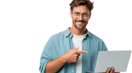 Modern Professional and Technology: A smart and capable man, dressed in a simple shirt, cheerfully engages, holding a laptop. He looks straight ahead.