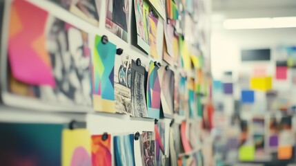 Obraz premium Vibrant print media samples displayed on a design studio inspiration board, showcasing colorful compositions and ultra sharp details.