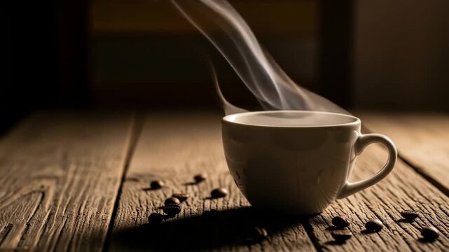 Steaming Cup of Coffee with Beans on Wooden Table.
