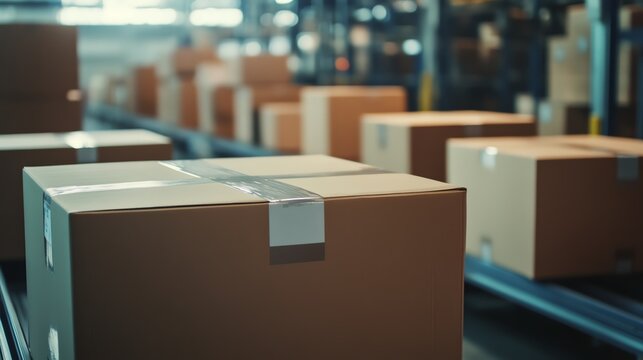 Photo-realistic image of printed catalogs being packed into boxes for shipment in a busy warehouse environment.