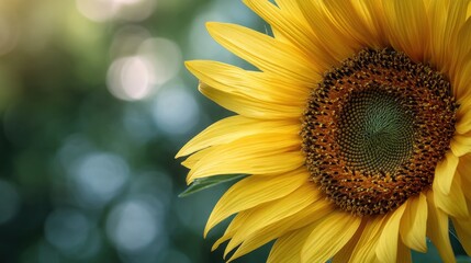 Fototapeta premium Bright yellow sunflower blossom close up. Summer nature background with copy space. Field flower in sunny rural garden.