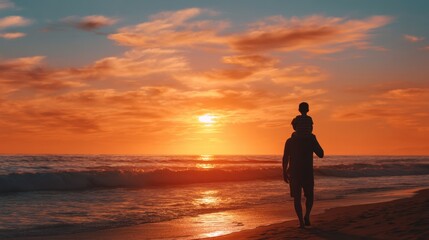Fototapeta premium Silhouette of a man with his son on shoulders walking on a beach at sunset. Father and kid enjoying golden hour.