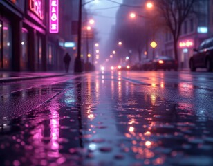 Obraz premium A vibrant, low-angle shot of a wet city street at night, reflecting neon pink and orange lights, with blurred figures and cars in the distance.