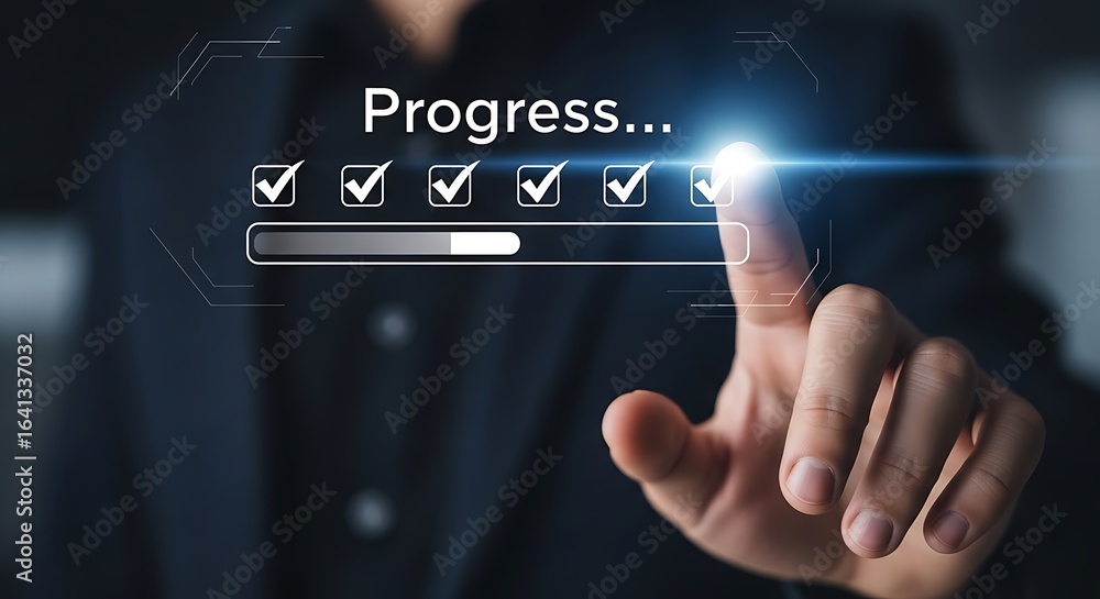 Poster business person touching a screen with a progress bar and checkmarks, symbolizing achievement and go