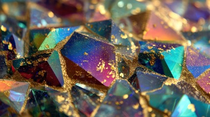 glowing gemstone background with prismatic reflections and gold flecks