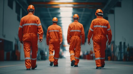 Naklejka premium Men in orange workwear and hardhats walk through an industrial facility. Workers wearing safety uniform. Concept of team and labor.