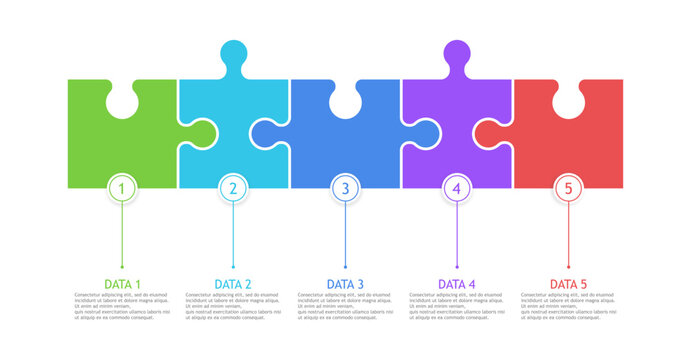 Puzzle infographic with 5 steps. Infographic design template made by color jigsaw puzzle pieces. Vector.