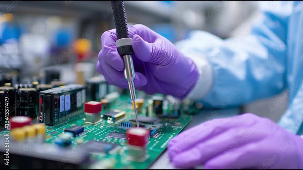 Poster precision soldering on a circuit board during electronics assembly in a workshop