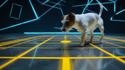 A smart terrier dog resting on a futuristic holographic display pad.
