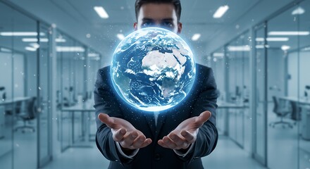 Business professional holding a glowing digital Earth in a modern office, symbolizing global technology, innovation, connectivity, and future market control.