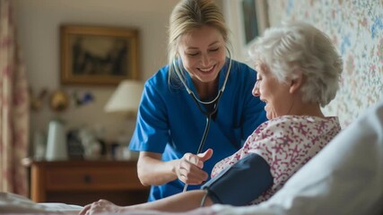 Smiling nurse checking elderly woman’s blood pressure at home, concept of compassionate healthcare and elderly support. - Powered by Adobe