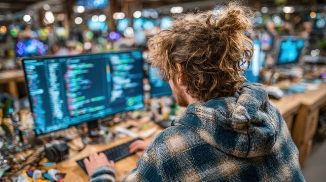 Person focused on computer code in a busy office