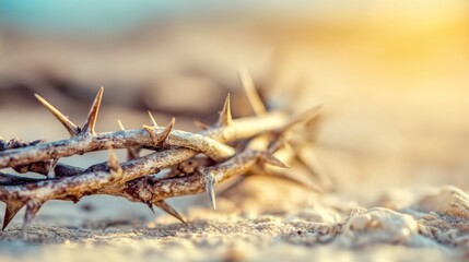 Thorny branch resting on sandy beach at sunset