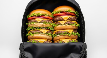 Backpack unzipped to reveal rows of stacked cheeseburgers with sesame seed buns, cheese, and pickles, blending humor with surreal food photography.