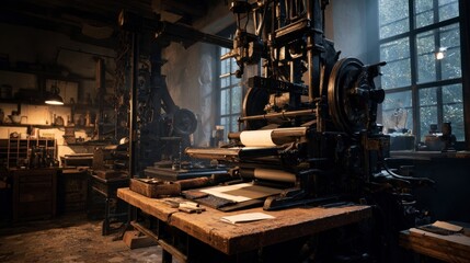 Antique printing press in historical workshop