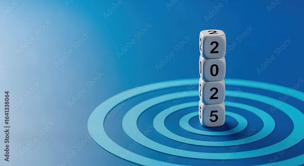 Poster concept of the year 2025: cubes with numbers on a blue background representing future goals and targ