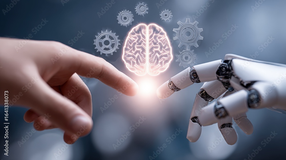 Poster human and robot hands touching with brain symbolizing artificial intelligence and future technology