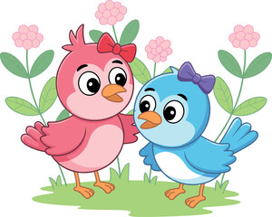 Cartoon birds, pink and blue, red bow, purple bow, large eyes, orange beaks, grassy patch, flowers, cute animal scene