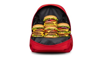 Backpack unzipped to reveal rows of stacked cheeseburgers with sesame seed buns, cheese, and pickles, blending humor with surreal food photography.