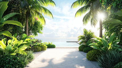 A serene tropical garden with palm trees, lush greenery, and a tranquil ocean view.