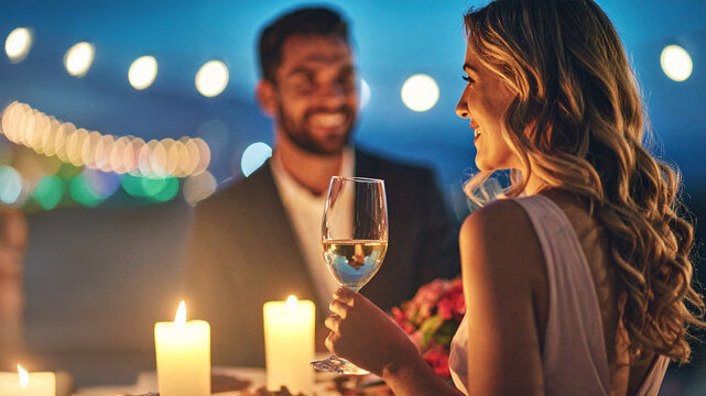 A happy couple on a romantic outdoor dinner date, with the woman holding a glass of white wine. The scene is lit by soft, glowing candles and string lights, creating a warm and intimate atmosphere.