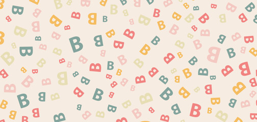 Scattered letter B pattern in pastel colors. Randomly scattered letter B characters in varying sizes and soft pastel hues on a cream background. Use for children’s decor and graphic design projects.
