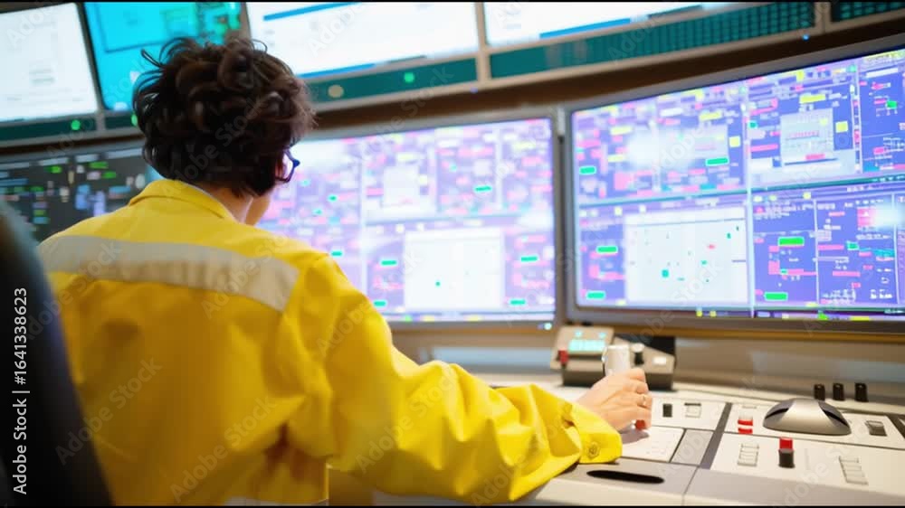 Poster professional technician monitors complex systems in a control room with multiple screens and active 
